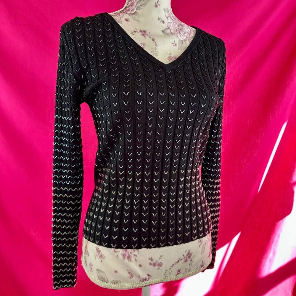 Black Beaded Ribbed Knit Long Sleeve Sweater Glam Party Belldini Small - Picture 14 of 17